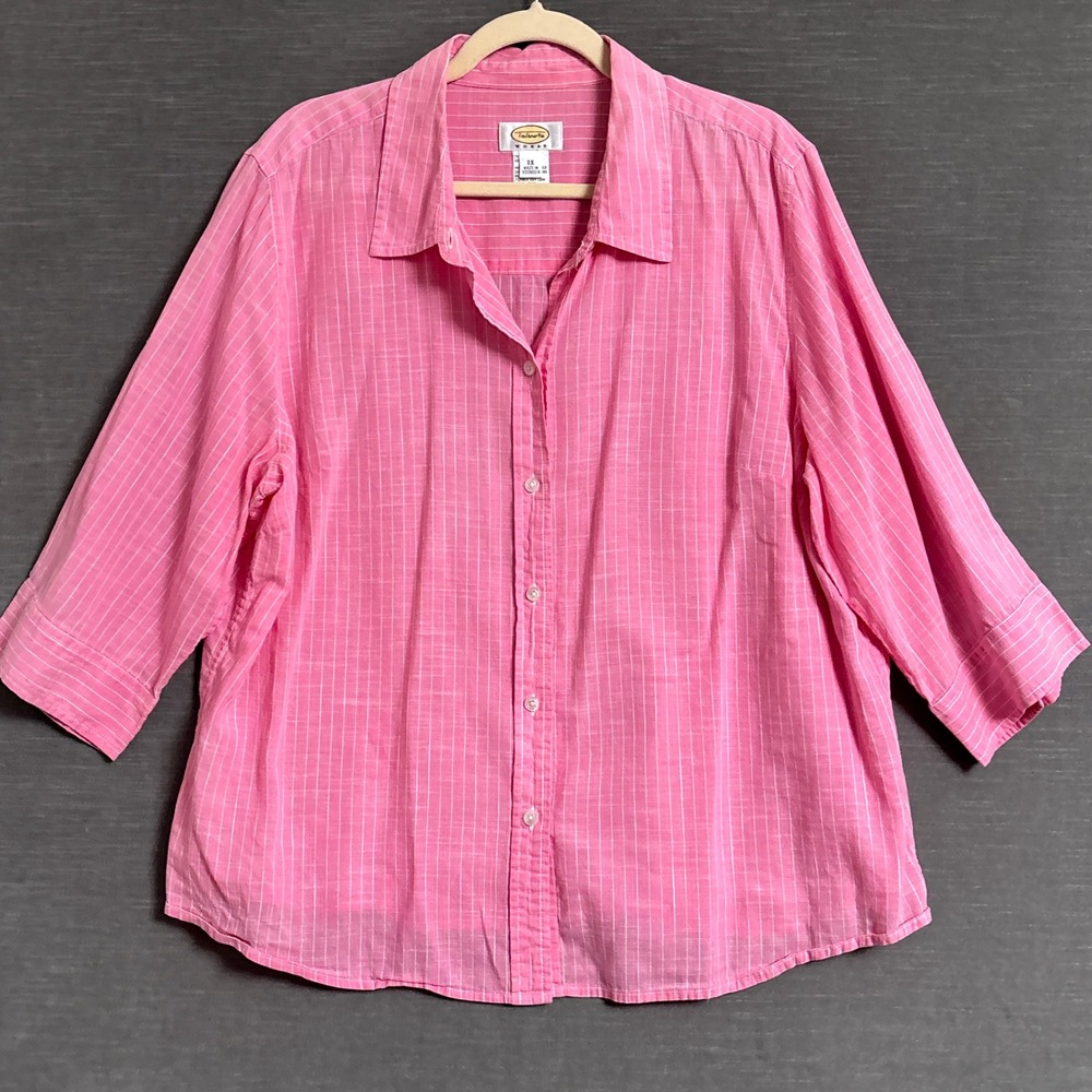 Talbots Top 2X Pink Striped Cotton Linen Button Down Casual 3/4 Sleeve Classic